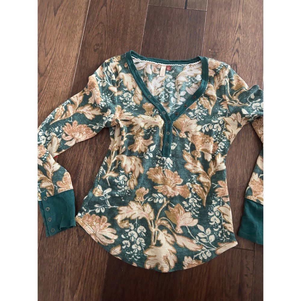 Pilcro Anthropologie Floral Waffle Knit Henley Thermal Top Green Tan Medium